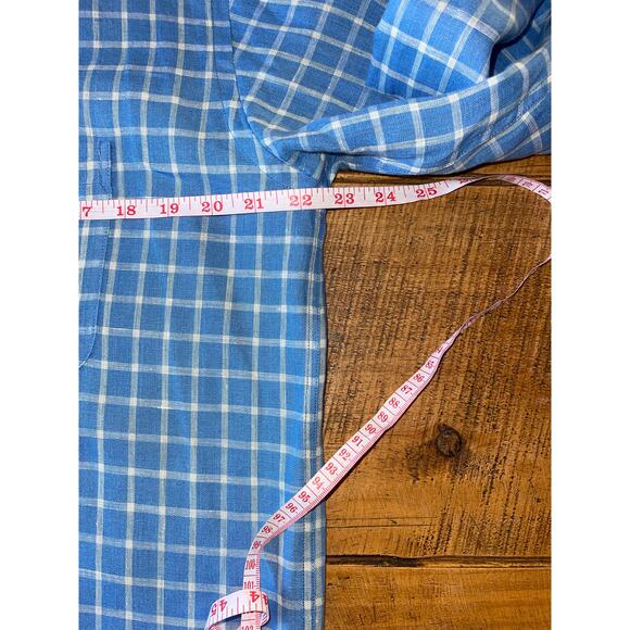 Mens Grant Thomas Pure Linen Light Blue White Checker Print Button Down Shirt‎ S - Picture 6 of 6